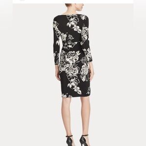 Lauren Ralph Lauren Jersey Dress Surplice Neckline Black & White Flowers Size 8